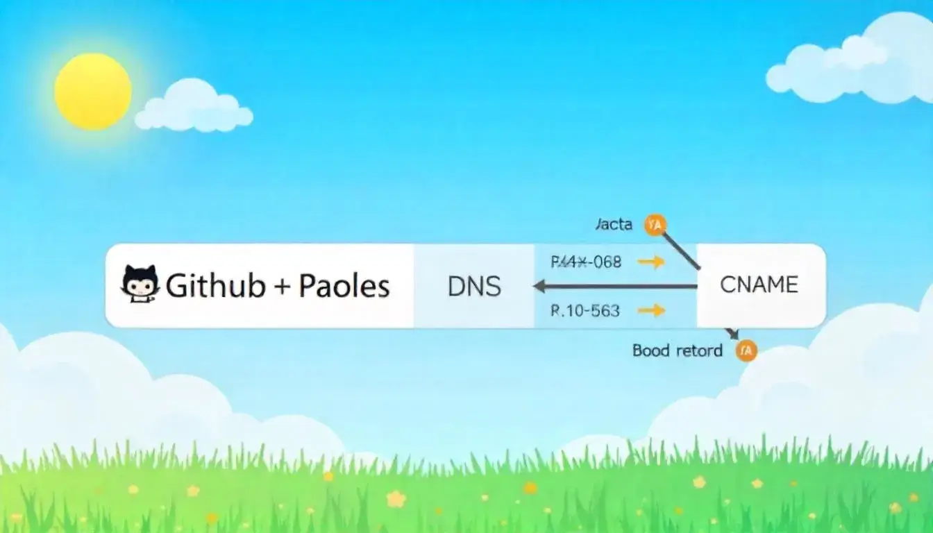 Diagram showing DNS configuration with A and CNAME records pointing to GitHub Pages.